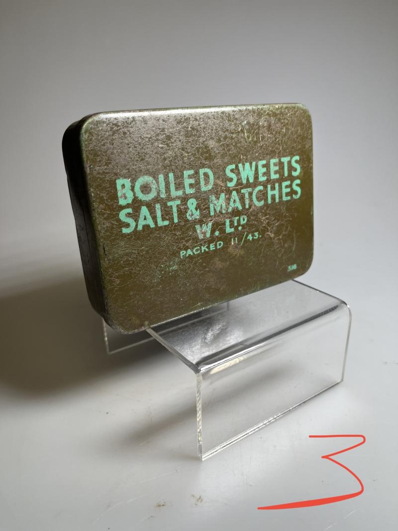 WW2 British, Issue, Rarer, ‘Boiled Sweets, Salt & Matches’ Ration Tin (3).